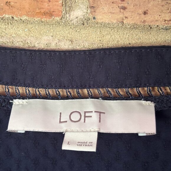 LOFT Blouse Large Navy Blue Jacquard Cutout Top Rayon L Causal - Picture 3 of 5
